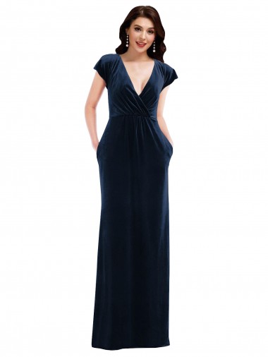 A-Line V-Neck Stretch Velvet Long Dark Navy Flutter Sleeves Prom Dress Canada