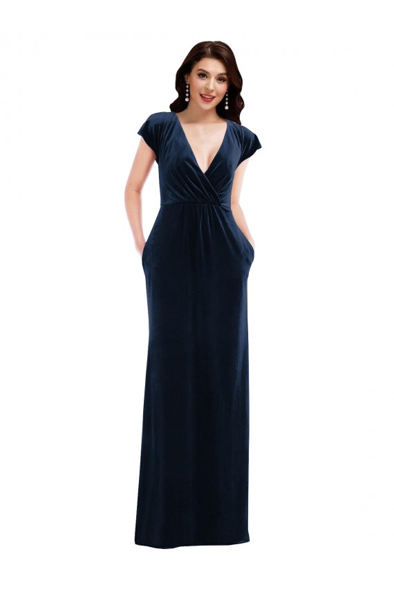 A-Line V-Neck Stretch Velvet Long Dark Navy Flutter Sleeves Prom Dress Canada