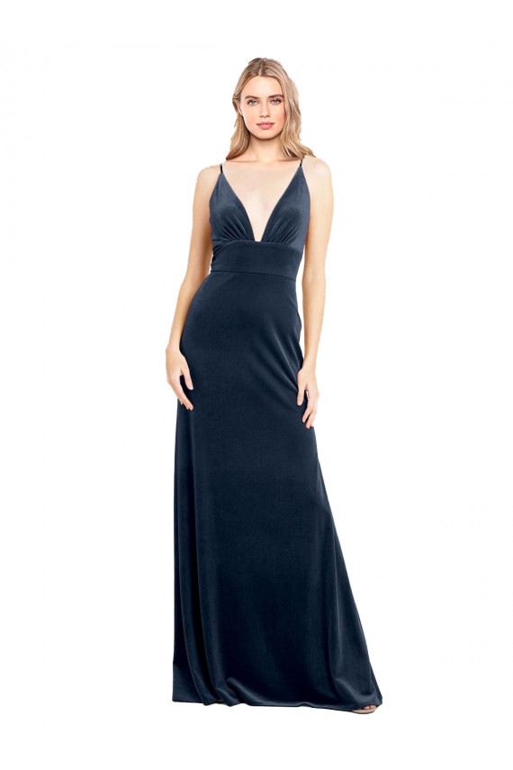 A-Line V-Neck Stretch Velvet Long Dark Navy Sleeveless Prom Dress Canada