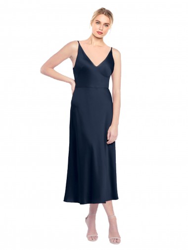 A-Line V-Neck Stretch Satin Midi Length Dark Navy Prom Dress Canada