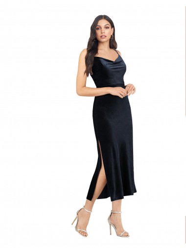 Column Cowl Neck Stretch Velvet Midi Length Dark Navy Prom Dress Canada