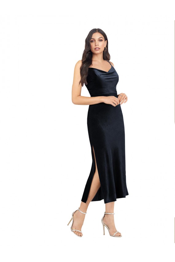 Column Cowl Neck Stretch Velvet Midi Length Dark Navy Prom Dress Canada