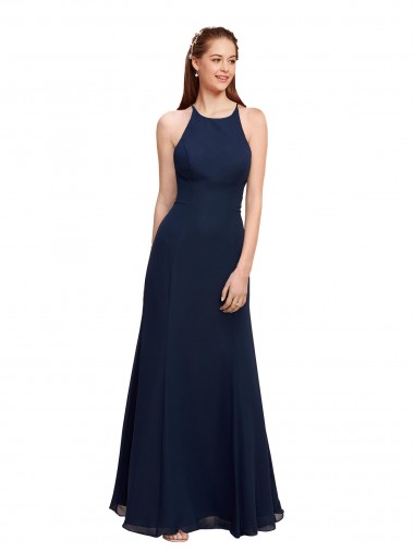 Mermaid Halter Neck Soft Chiffon Long Dark Navy Prom Dress Canada