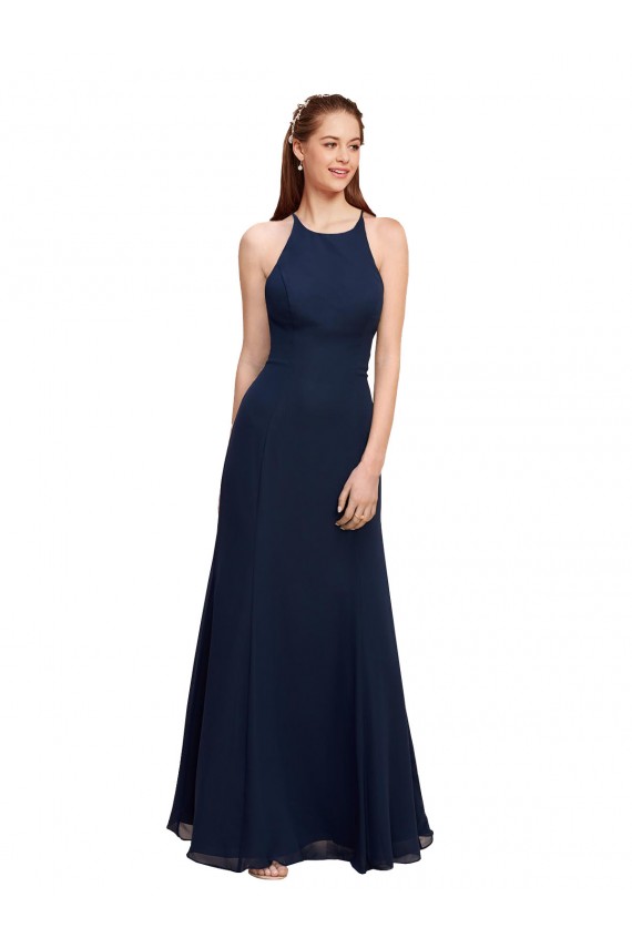 Mermaid Halter Neck Soft Chiffon Long Dark Navy Prom Dress Canada