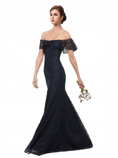 Mermaid Off the Shoulder Lace Long Dark Navy Prom Dress Canada