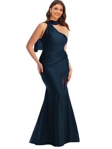 Mermaid Halter Neck Silk like Satin Long Dark Navy Plus Size Formal Prom Dress Canada