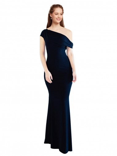 Mermaid One Shoulder Stretch Crepe Long Dark Navy Prom Dress Canada