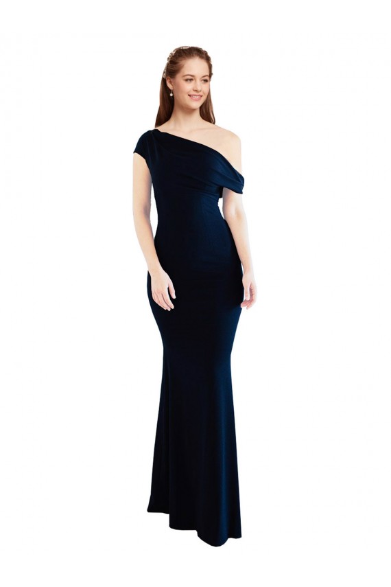Mermaid One Shoulder Stretch Crepe Long Dark Navy Prom Dress Canada