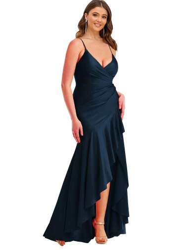 Mermaid Spaghetti Straps Silk like Satin Long Dark Navy High Low Plus Size Prom Dress Canada