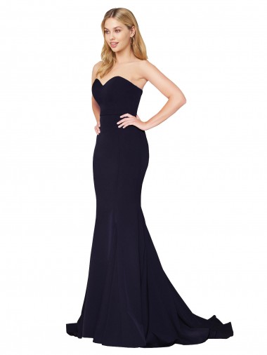 Mermaid High Neck Stretch Crepe Sweep Train Dark Navy Prom Dress Canada
