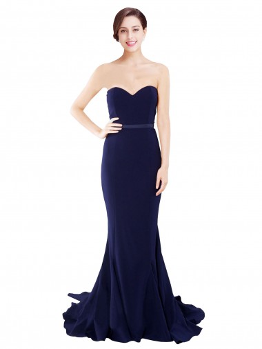 Mermaid Strapless Stretch Crepe Sweep Train Dark Navy Prom Dress Canada