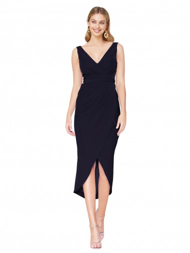 Mermaid High Neck Stretch Crepe Knee Length Dark Navy High Low Prom Dress Canada