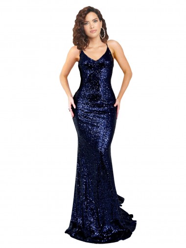 Mermaid V-Neck Sequin Long Dark Navy Prom Dress Canada