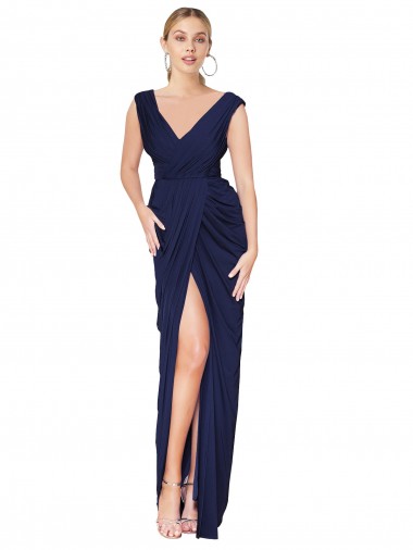 Mermaid V-Neck Soft Chiffon Long Dark Navy Prom Dress Canada