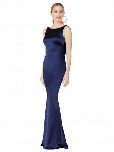 Sheath High Neck Stretch Satin Long Dark Navy Prom Dress Canada