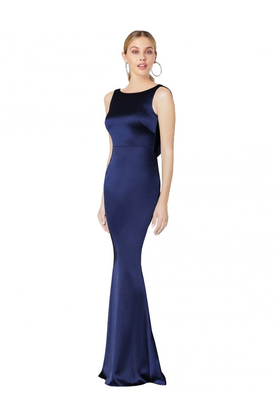 Sheath High Neck Stretch Satin Long Dark Navy Prom Dress Canada