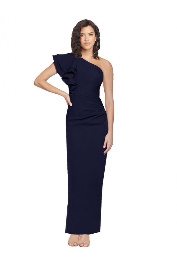 Sheath One Shoulder Stretch Crepe Long Dark Navy Prom Dress Canada