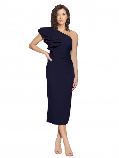 Sheath One Shoulder Stretch Crepe Midi Length Dark Navy Prom Dress Canada