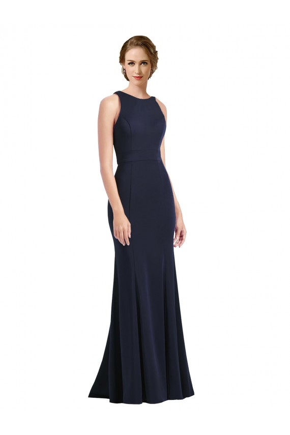 Sheath High Neck Stretch Crepe Long Dark Navy Black Tie Prom Dress Canada