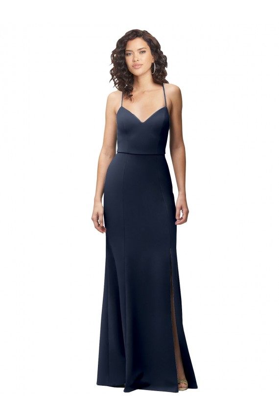 Sheath High Neck Stretch Crepe Long Dark Navy Prom Dresses Canada