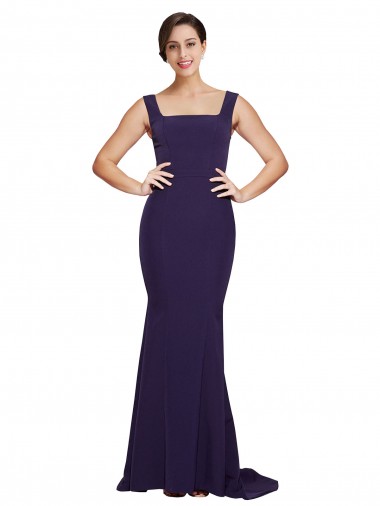 Sheath Square Neck Stretch Crepe Sweep Train Dark Navy Prom Dress Canada