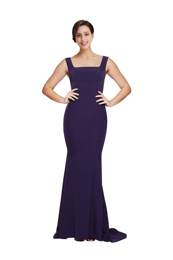 Sheath Square Neck Stretch Crepe Sweep Train Dark Navy Prom Dress Canada
