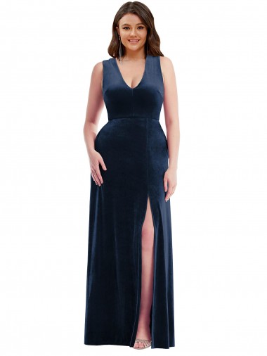 Sheath V-Neck Stretch Velvet Long Dark Navy Plus Size Formal Prom Dress Canada