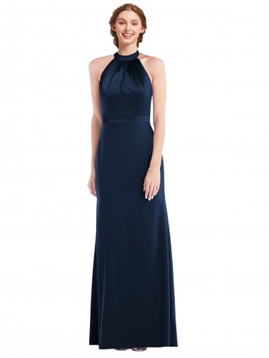 Trumpet High Neck Stretch Crepe Long Dark Navy Prom Dress Canada