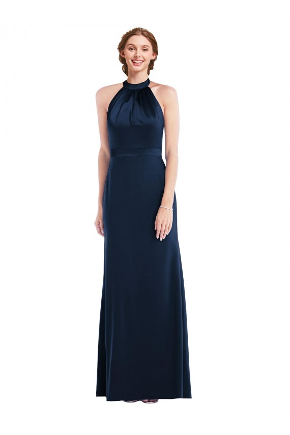 Trumpet High Neck Stretch Crepe Long Dark Navy Prom Dress Canada