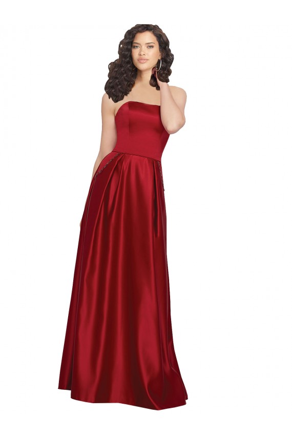 A-Line Strapless Satin Long Dark Red Prom Dress Canada