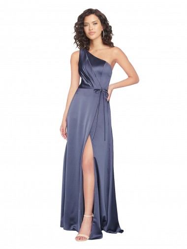 A-Line One Shoulder Silk like Satin Long Dusk Prom Dress Canada