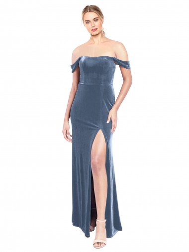 A-Line Strapless Stretch Velvet Long Dusty Blue Prom Dress Canada