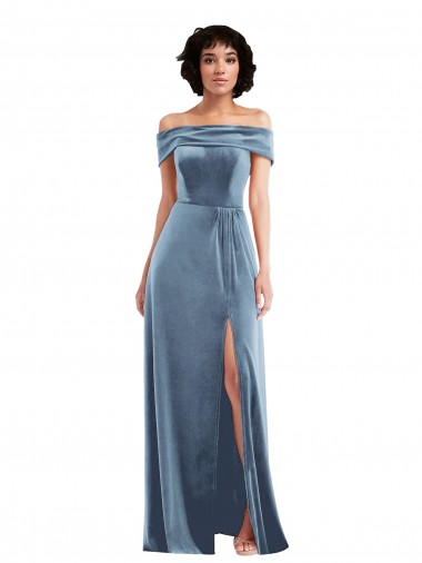 A-Line Off the Shoulder Stretch Velvet Long Dusty Blue Prom Dress Canada