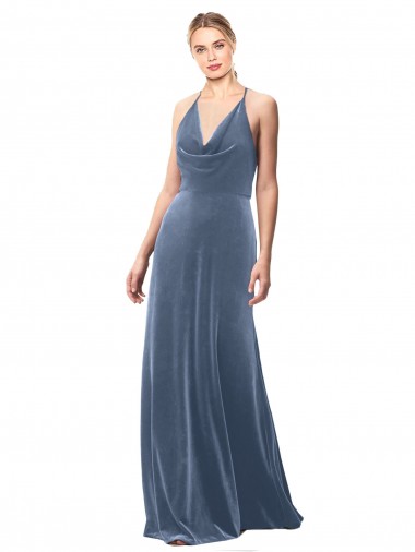 A-Line Cowl Neck Stretch Velvet Long Dusty Blue Prom Dress Canada