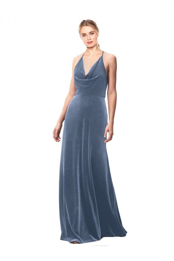 A-Line Cowl Neck Stretch Velvet Long Dusty Blue Prom Dress Canada