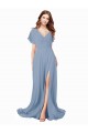 A-Line V-Neck Soft Chiffon Long Dusty Blue Black Tie Prom Dress Canada