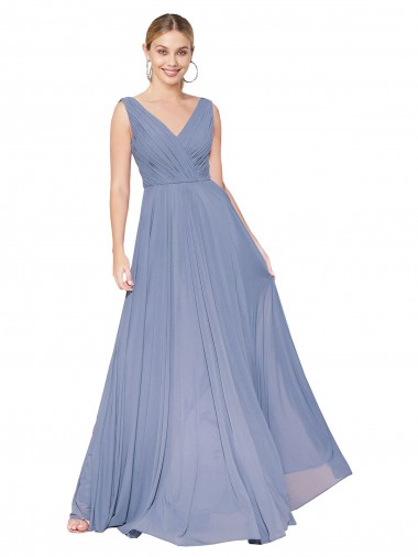 A-Line High Neck Soft Chiffon Long Dusty Blue Prom Dress Canada