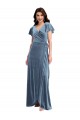 A-Line V-Neck Stretch Velvet Long Dusty Blue Black Tie Prom Dress Canada