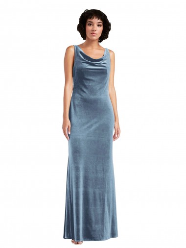 Sheath Cowl Neck Stretch Velvet Long Dusty Blue Sleeveless Prom Dress Canada