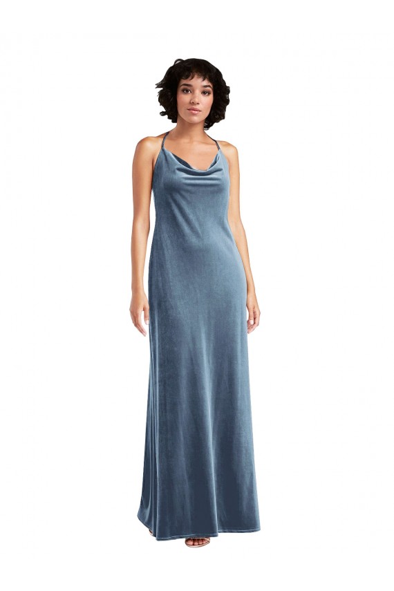 Sheath Cowl Neck Stretch Velvet Long Dusty Blue Prom Dress Canada