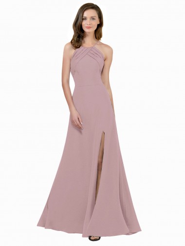 A-Line High Neck Stretch Crepe Long Dusty Pink Prom Dress Canada