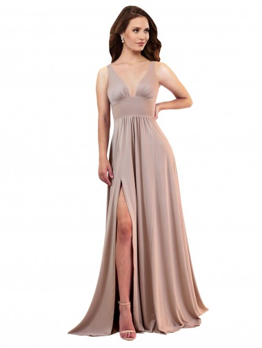 A-Line V-Neck Spandex Long Dusty Pink Black Tie Prom Dress Canada