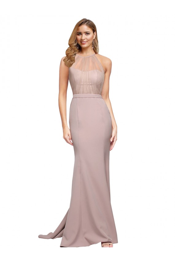 Sheath High Neck Stretch Crepe Sweep Train Dusty Pink Prom Dress Canada