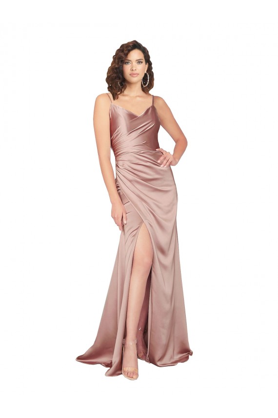 Sheath V-Neck Silk like Satin Long Dusty Pink Black Tie Prom Dress Canada