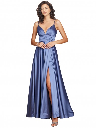 A-Line Sweetheart Silk like Satin Long French Blue Black Tie Prom Dress Canada