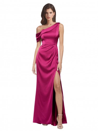 A-Line One Shoulder Stretch Satin Long Fuchsia Sleeveless Prom Dress Canada