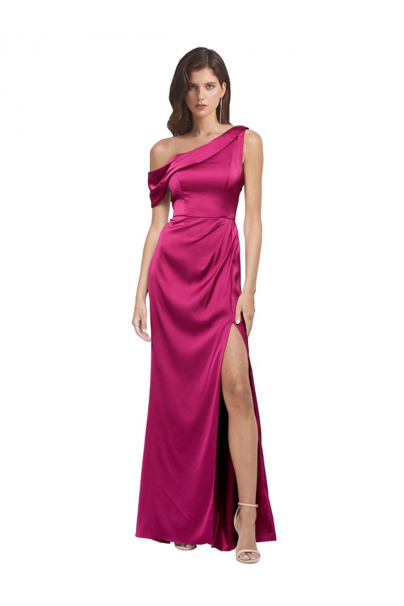 A-Line One Shoulder Stretch Satin Long Fuchsia Sleeveless Prom Dress Canada