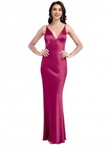 A-Line V-Neck Stretch Satin Long Fuchsia Prom Dress Canada