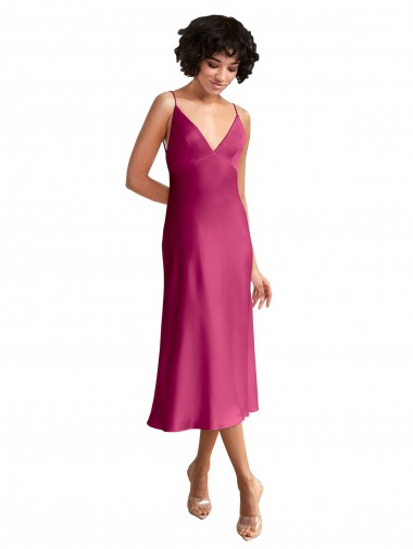 A-Line V-Neck Stretch Satin Midi Length Fuchsia Prom Dress Canada
