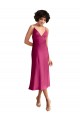 A-Line V-Neck Stretch Satin Midi Length Fuchsia Prom Dress Canada